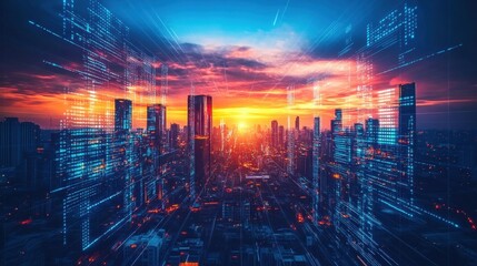 Obraz premium The industrial skyline glows under a fiery sunset, with digital elements blending seamlessly into the futuristic urban atmosphere