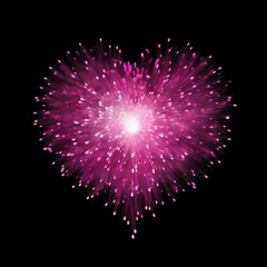 A pink heart shape fireworks celebration lighting up the night sky during a festive holiday event, isolated on black background