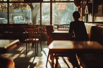Solitary figure in warm-lit vintage café interior