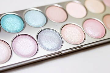 Naklejka premium Close-up of colorful eyeshadow palette with shimmer