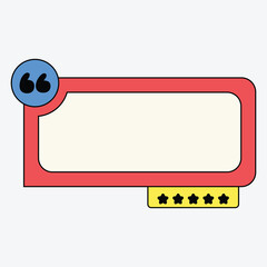 A colorful speech bubble design with a quote symbol and star rating.