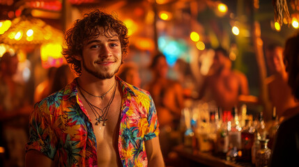 Obraz premium A cheerful young man wearing a bright floral shirt smiles as he mingles with friends at a lively beach bar filled with colorful lights and music