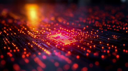 Fototapeta premium Complex circuit board illuminated by glowing lights creates a mesmerizing pattern during nighttime, showcasing advanced technology and design