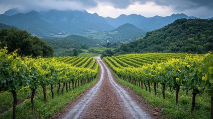 Naklejka premium A scenic vineyard path leads through lush grapevines towards distant mountains under cloudy skies.