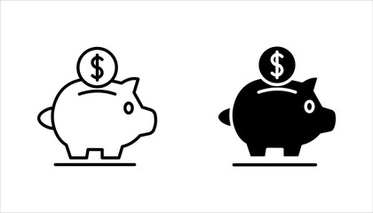 Piggy bank, linear style icon set, Piggy bank with a coin being inserted, Editable stroke width, on a white background.