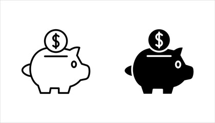Piggy bank, linear style icon set, Piggy bank with a coin being inserted, Editable stroke width, on a white background.