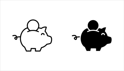 Piggy bank, linear style icon set, Piggy bank with a coin being inserted, Editable stroke width, on a white background.