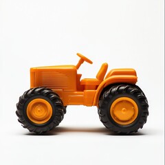 A vibrant orange toy tractor featuring large black wheels, perfect for children's playtime and imaginative farm scenes.