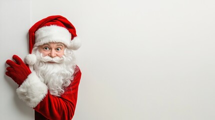 Cute Santa peeping behind a board. Christmas holiday greeting card design background template.