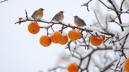 Winter Red Persimmon Tree Snowy Winter Scene Persimmons Ripening Snowy Landscape	