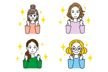 やる気満ち溢れた若い女性達のセットイラスト