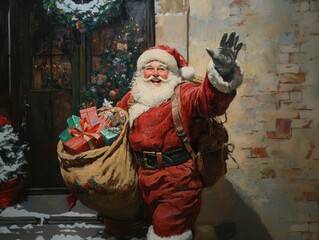 Fototapeta premium Cute Santa carrying gift box. Christmas holiday greeting card design background template.