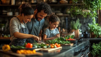 A happy family of three prepares a meal together in their kitchen.  They are all wearing aprons and smiling. There are many fresh vegetables on the counter.