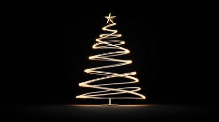 Abstract glowing Christmas tree design with golden light trails and a star on top against a black background
