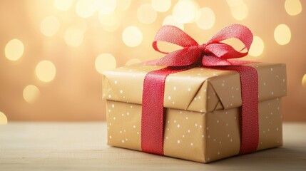 Obraz premium Gift box with red ribbon and festive bokeh background