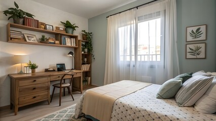 Fototapeta premium Modern living room interior with fireplace, featuring comfortable furniture, luxurious decor, and large windows