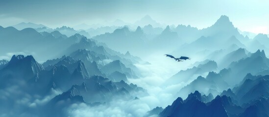 Fototapeta premium Breathtaking misty mountain landscape with a soaring bird silhouette in the distance creating a serene and ethereal atmosphere The rugged craggy peaks emerge from the fog