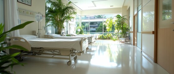 Sunlit hospital ward with empty beds, plants, and large windows.