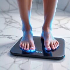 Fototapeta premium Health Tracking on Scale. A pair of bare feet stand on a black digital scale with blue light highlighting the feet.