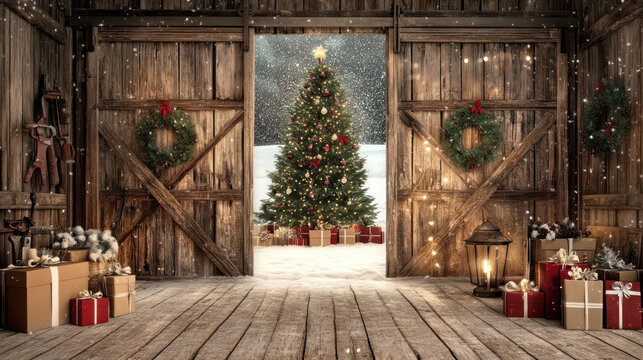 Decorated Christmas tree with gift boxes in a rustic wooden barn. Snowfall and glowing lanterns enhancing festive atmosphere. Winter holiday setting