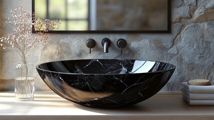 interesting bathroom with stone walls and a dark marble sink