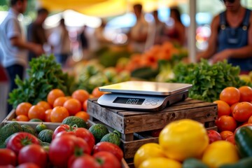 Fresh food market scales. Digital kitchen scales placed on a wooden crate amid a colorful assortment of fresh fruits and vegetables at a farmers market.