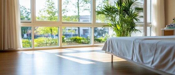 Sunny bedroom with large window, hardwood floor, white bed linens, and potted plant.