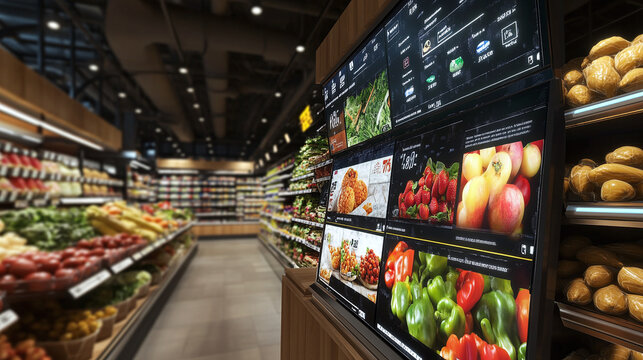 A digital display in a grocery store showing special deals and promotions