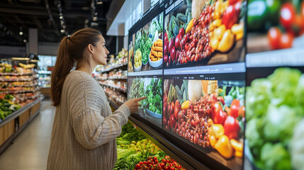 A digital display in a grocery store showing special deals and promotions