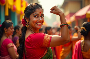 A joyful woman shows her strength at a vibrant cultural festival with colorful decor and lively crowds