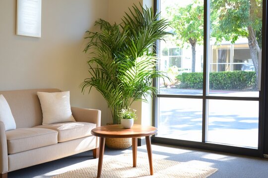 Sunny waiting area with beige sofa, coffee table, and potted plants near window.