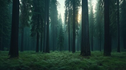 Naklejka premium Dense forest with tall evergreen trees and a lush green undergrowth, misty atmosphere and sunlight filtering through the foliage