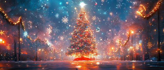 A Christmas tree is lit up in a city street