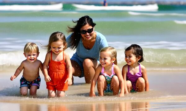 Beach Day Fun: A Nanny and Five Toddlers Enjoying the Ocean's Gentle Waves