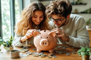 A young couple happily putting coins in a piggy bank, a symbol of saving money and achieving their financial goals.