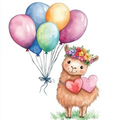 Watercolor illustration clipart of a llama wearing a flower crown and carrying heart-shaped balloons tied to its back, isolate on white background.