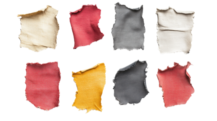 Set of torn beige white red gray yellow fabric textures isolated on transparent background
