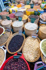 Spice and seeds stall at a traditional Arabic market in the medina of Sfax.