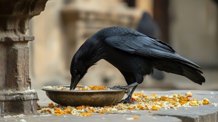 Black Crow Eating Food Offering At Temple