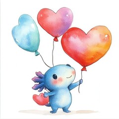 Watercolor illustration clipart of a tiny axolotl with heart-shaped gills holding a heart balloon string, isolate on white background.