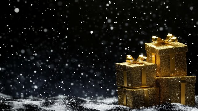 Three golden gift boxes stacked on a black background, with snowflakes drifting in the sky and snow covering the ground, text space