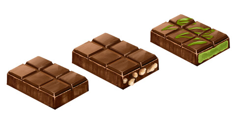 Set chocolate bar isolated hand-drawn illustration on transparent background