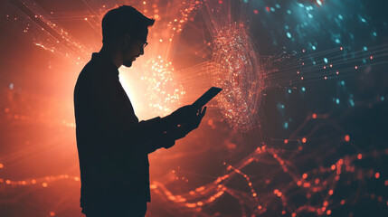 Silhouette of a Man Holding a Tablet in Dynamic Lighting