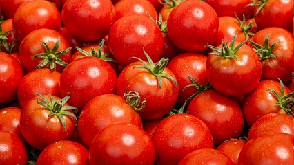 Fresh ripe red tomatoes with green stems and leaves