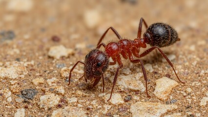 Close up of a fiery red fire ant exploring rocky terrain with sharp mandibles exposed