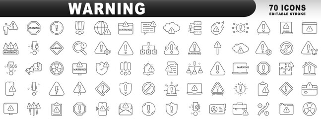Big set of warning related line icons. Alert, caution, danger, error, shield etc. Editable stroke