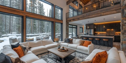 Cozy winter retreat with large windows showcasing snowy forest views from modern living area