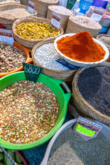 A spice stall at a traditional Arabic market in the medina of Sfax.