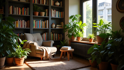 Quiet nook with overstuffed chair and blanket, peaceful vibe with colorful bookshelves and plants