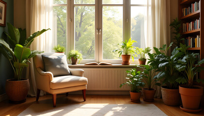 Cozy reading nook by large window, tranquil atmosphere with plants and soft armchair, warm sunlight